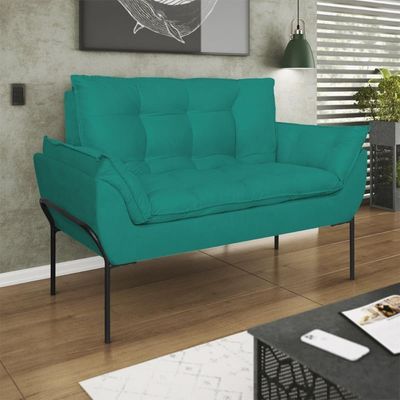 Poltrona Sofá Luxo Base Metal Preto Recepção Escritório Azul Turquesa