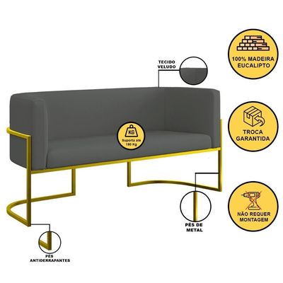 Sofá 2 Lugares Veludo Moderno Base Metal Gold Balaqui Cinza