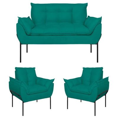 Kit 02 Poltronas + Namoradeira Reforçada Opala Metal Preto Azul Turquesa