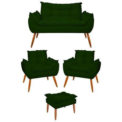 Kit 02 Poltronas + Sofá 2 Lugares Com Puff Opala Balaqui Verde
