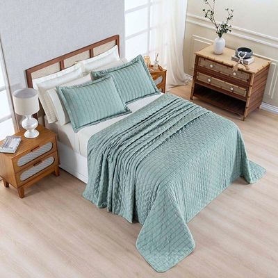 Kit Colcha Cobre Leito Casa Scarpa Plissê Casal Seersucker 3 Peças Com Textura 3d Verde Essencial