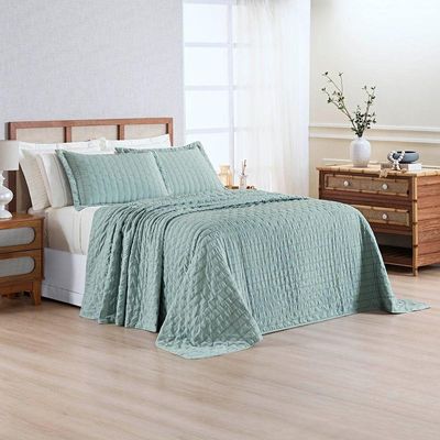 Kit Colcha Cobre Leito Casa Scarpa Plissê Casal Seersucker 3 Peças Com Textura 3d Verde Essencial