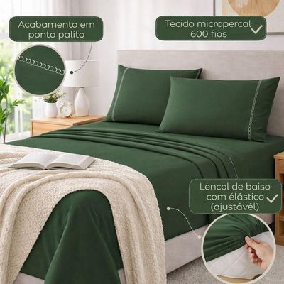 Jogo De Lençol Queen Premium Soft 600 Fios Micropercal Verde Escuro Ponto Palito Toque Macio 4 Peças