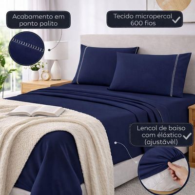 Jogo De Lençol King Premium Soft 600 Fios Micropercal Azul Marinho Ponto Palito Toque Macio 4 Peças