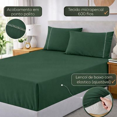 Jogo De Lençol Queen Premium Soft 600 Fios Micropercal Verde Escuro Ponto Palito Toque Macio 3 Peças