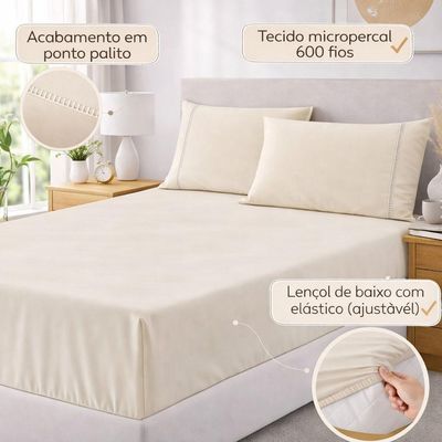 Jogo De Lençol Casal Padrão Premium Soft 600 Fios Micropercal Palha Ponto Palito Toque Macio 3 Peças