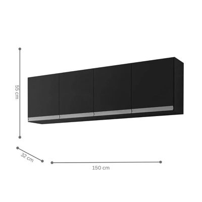 Armario Aereo California 4pts 1,50m Preto Fosco