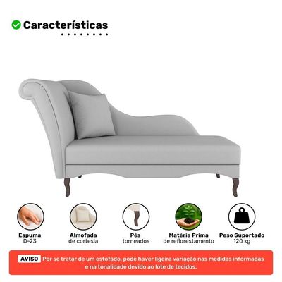 Divã Recamier Chaise Longue Valentina Clássico Com Pés De Madeira Veludo Cinza Claro - Desk Design