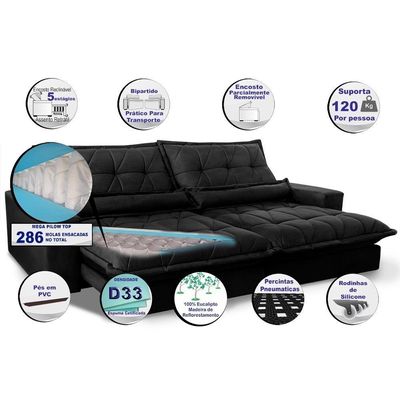 Sofa Retrátil E Reclinável 2,72m Com Molas Ensacadas Cama Inbox Soft Tecido Suede Preto