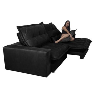 Sofa Retrátil E Reclinável 2,72m Com Molas Ensacadas Cama Inbox Soft Tecido Suede Preto