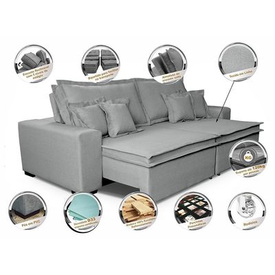 Sofa Retrátil E Reclinável Com Molas Cama Inbox Premium 2,12m Tecido Em Linho Cinza Claro