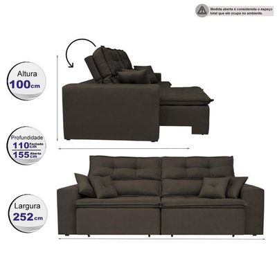 Sofá Cairo 2,52m Retrátil, Reclinável Tecido Suede Café