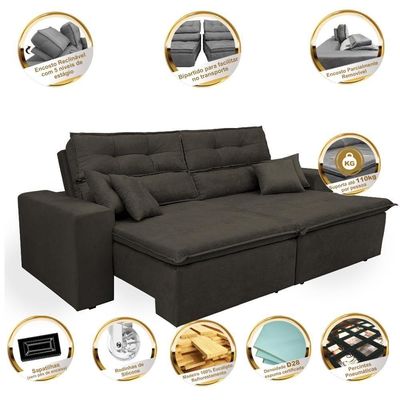 Sofá Cairo 2,52m Retrátil, Reclinável Tecido Suede Café
