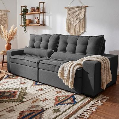 Sofá Retrátil E Reclinável 2,32m Molas Ensacadas Belle. Boucle Cama Inbox Cinza Escuro