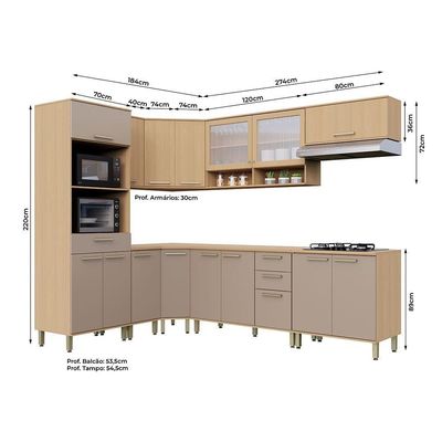 Cozinha Completa De Canto 100% Mdf 458cm Duna Luciane Móveis Freijó-cinammon