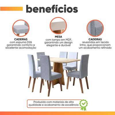Conjunto Sala De Jantar Mesa 1,60m Moove 6 Cadeiras Linho Milano Viero Madeirado / Cinza