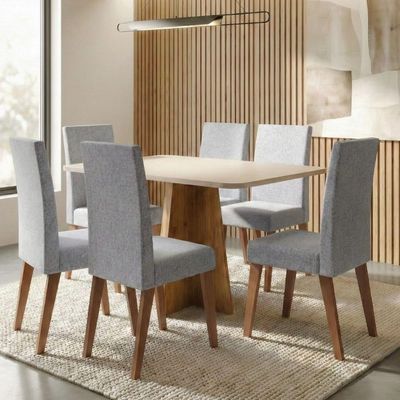 Conjunto Sala De Jantar Mesa 1,60m Moove 6 Cadeiras Linho Milano Viero Madeirado / Cinza
