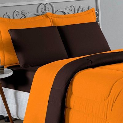 Kit Edredom Dupla Face + Jogo De Lençol Solteiro Nobre 4 Peças Malha 100% Algodão - Laranja / Marrom