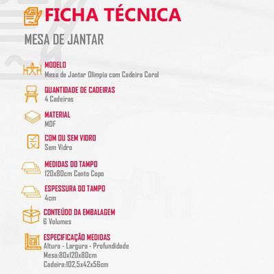 Mesa Olímpia 120cm Mdf Canto Copo Com 4 Cadeiras Carol