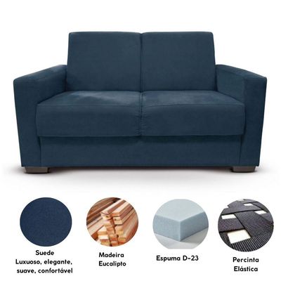 Sofá Estofado 2 Lugares Sala Estar Recepção Giovana Suede Azul Marinho