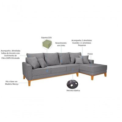 Sofá Living 4 Lugares Beny Com Chaise Lado Esquerdo Linho Império Cinza Claro 185