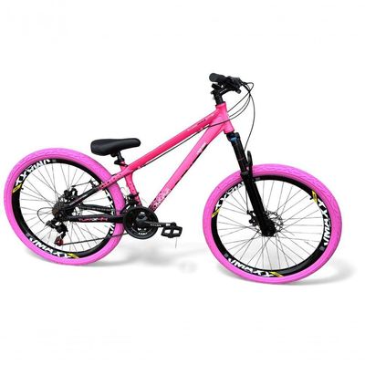 Bicicleta aro26 Vikingx Tuff X44 Freeride Dh 21v aroVmaxx FreioDisco Garfo Pneu Flame RosaPreto