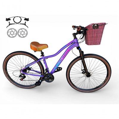 Bicicleta Aro 29 Feminina Absolute Hera Retrô Vintage 21v Hidráulica Confortável Cesta Selim 2 Molas - Lilas Tam 15
