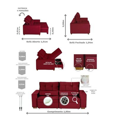 Sofá Baú San Marino Retrátil E Reclinável 3 Lugares Sofatec Vermelho