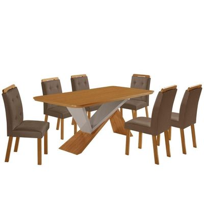 Mesa De Jantar Yasmin 180cm Tampo Mdf Com 6 Cadeiras Carol Veludo Capuccino/naturale/off White
