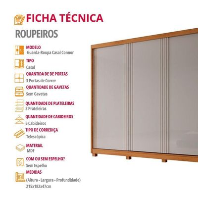 Guarda Roupa Casal Connor Mdf 3 Portas 6 Cabideiros Com Pés Naturalle/off White