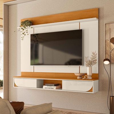 Painel Rack Bancada Aura Mdp 2 Portas Deslizantes - Pallazio Cor Cinamomo E Off White