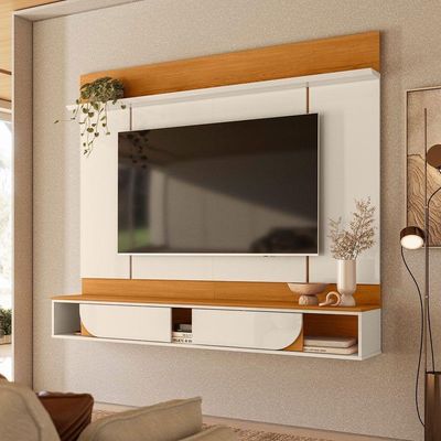Painel Rack Bancada Aura Mdp 2 Portas Deslizantes - Pallazio Cor Cinamomo E Off White