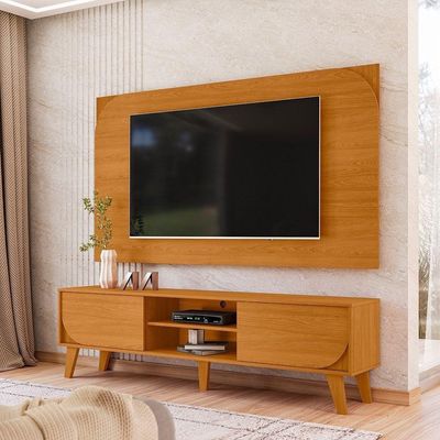 Kit Rack Bancada E Painel Duna 2 Portas Deslizantes Cinamomo Pés De Madeira - Pallazio
