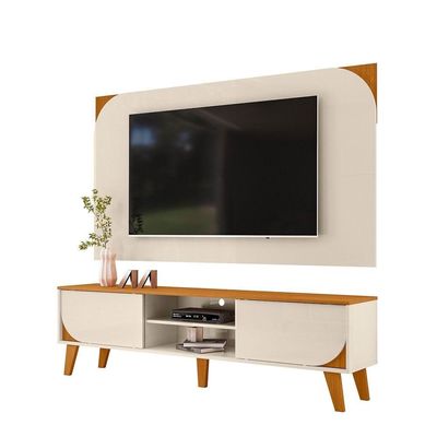 Kit Rack Bancada E Painel Duna 2 Portas Deslizantes Cinamomo E Off White Pés De Madeira - Pallazio