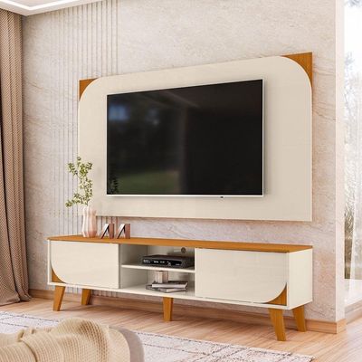 Kit Rack Bancada E Painel Duna 2 Portas Deslizantes Cinamomo E Off White Pés De Madeira - Pallazio