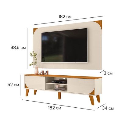 Kit Rack Bancada E Painel Duna 2 Portas Deslizantes Cinamomo E Off White Pés De Madeira - Pallazio