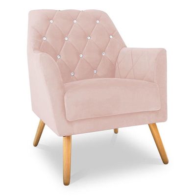 Poltrona Velvet Strass Veludo Pés De Madeira Rosa Bebê - Pallazio