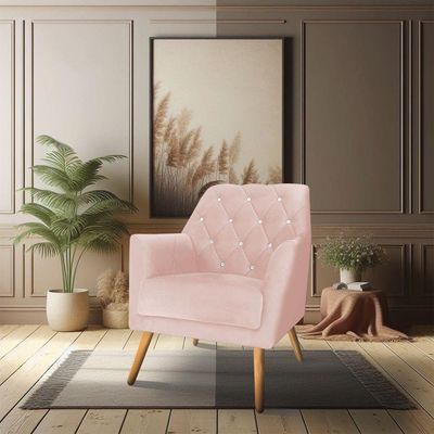 Poltrona Velvet Strass Veludo Pés De Madeira Rosa Bebê - Pallazio