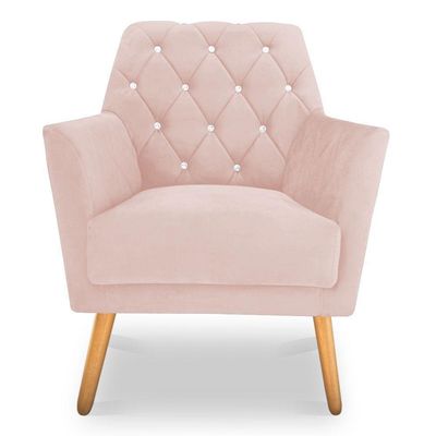 Poltrona Velvet Strass Veludo Pés De Madeira Rosa Bebê - Pallazio