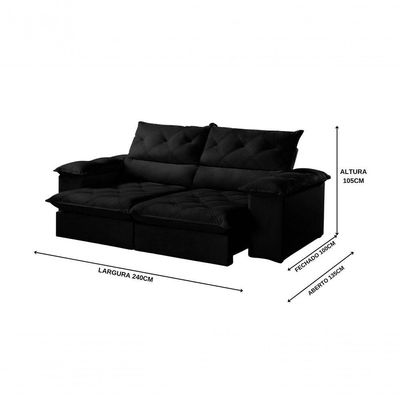 Sofá Istambul Retrátil E Reclinável Caixa Zero 2,40m Pillow De 15cm - Preto