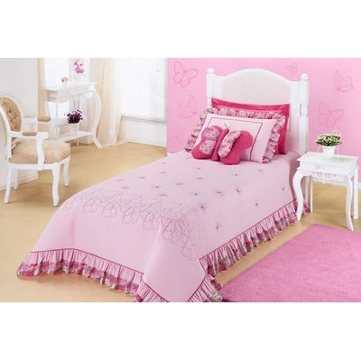 Kit Cobre Leito Bordado Jardine Solteiro 3 Pecas - Rosa