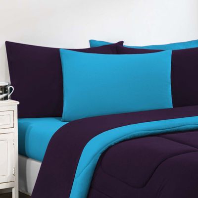 Kit Edredom + Jogo De Lençol Malha 100% Algodão Gran Moratta 7 Peças Queen - Roxo /Azul Turquesa