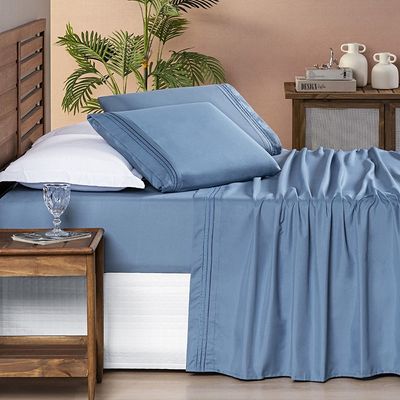Jogo Cama Lençol Honore Solteiro Micro Percal 200 Fios c/ Detalhes Bordados 3 Peças - Azul Ice Blue