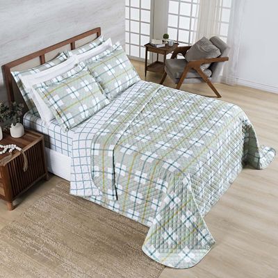 Kit Cobre Leito Colcha Belle Queen Estampado Dupla Face 400 Fios 3 Peças Grid Verde