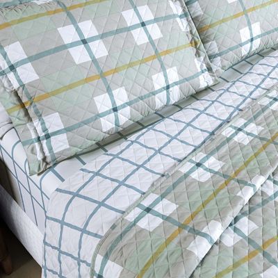 Kit Cobre Leito Colcha Belle Queen Estampado Dupla Face 400 Fios 3 Peças Grid Verde