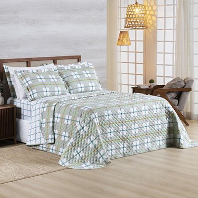Kit Cobre Leito Colcha Belle Queen Estampado Dupla Face 400 Fios 3 Peças Grid Verde