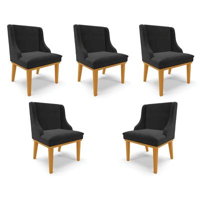 Kit 5 Cadeiras Decorativas Sala de Jantar Base Fixa de Madeira Firenze Veludo Preto/Castanho G19 - Gran Belo