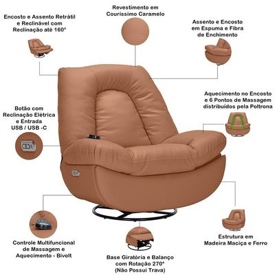 Poltrona Reclinável Elétrica Com Massagem E Aquecimento Salvana L07 Couríssimo Caramelo - Lyam Decor