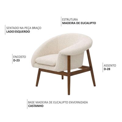 Poltrona Decorativa Yumi Base Madeira Braço Esquerdo Bouclé Off White - Nexta Casa