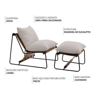Kit Poltrona Com Puff Turim Base Aço Preto Recouro Camel Linho Off White - Nexta Casa
